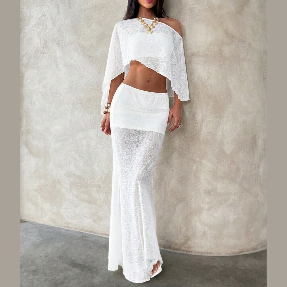 White Sheer Textured Asymmetrical Cape Top and Maxi Skirt Set